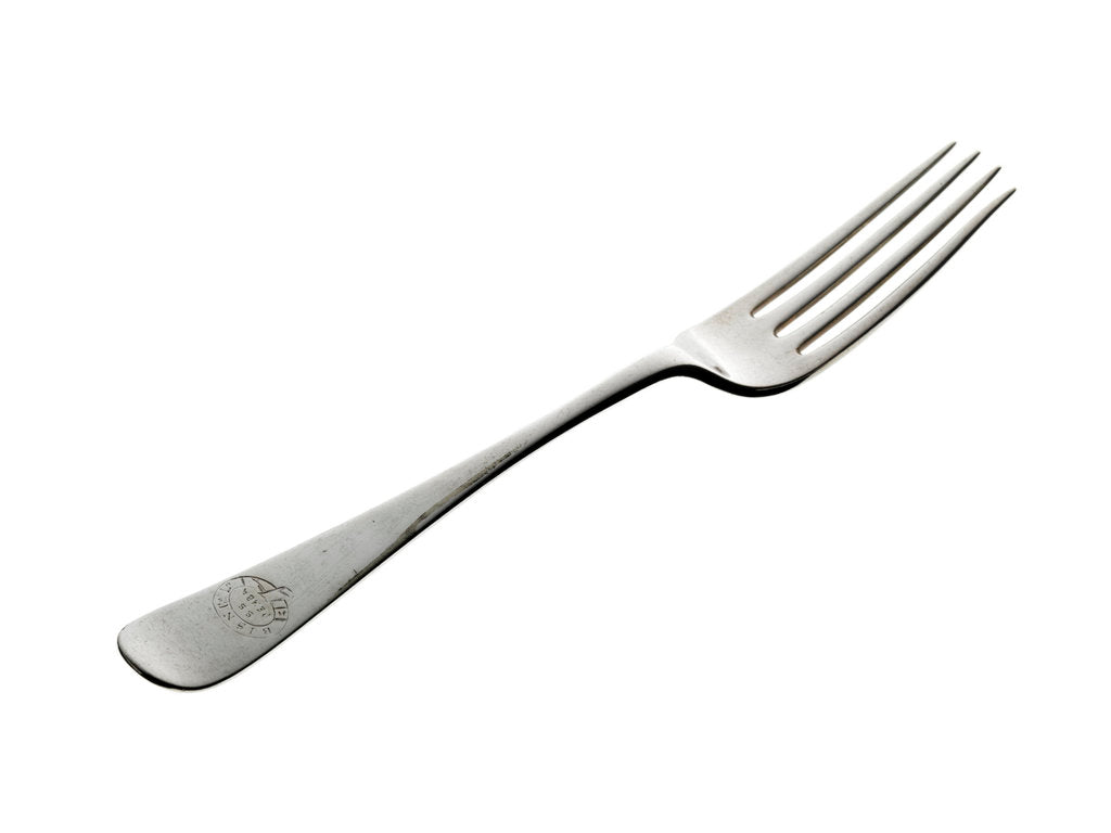 Detail of Electroplated table fork used on board British India Steam Navigation Company Line ships by Elkington & Co. Ltd.