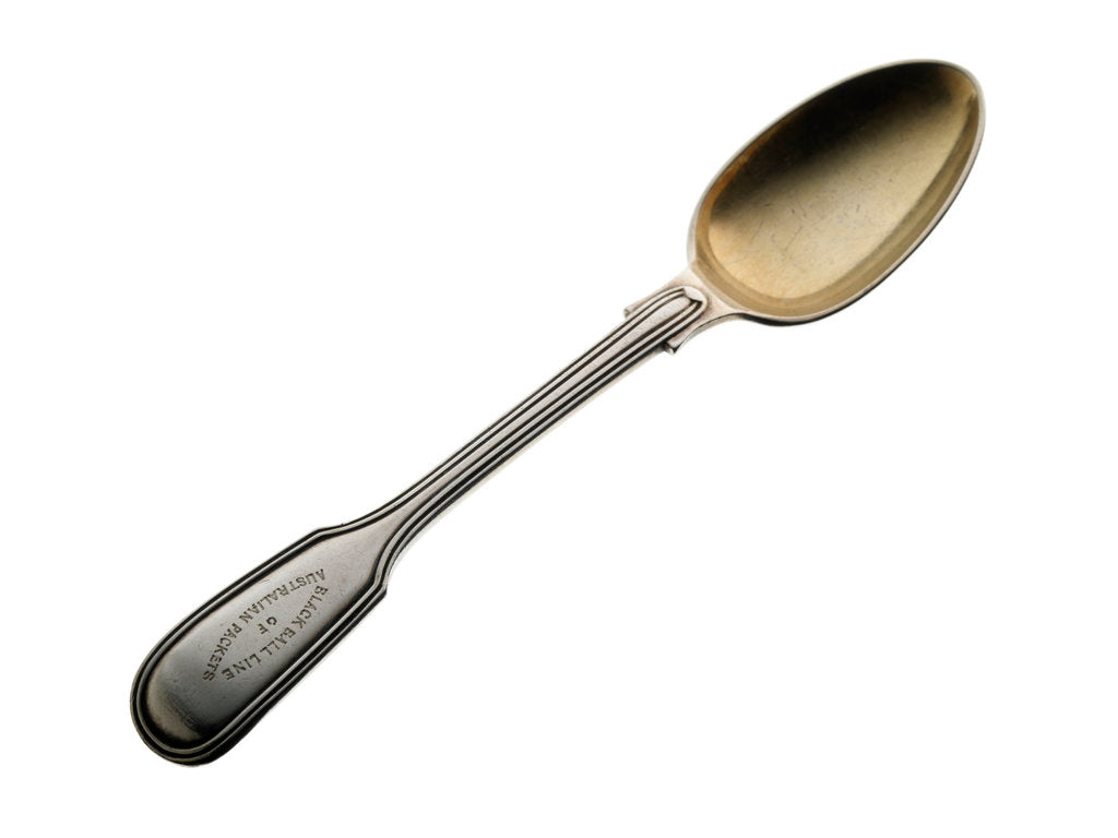 Detail of Electroplated teaspoon with a gilt bowl and a threaded edge, engraved on top of the handle 'BLACK BALL LINE OF AUSTRALIAN PACKETS' by Elkington & Co. Ltd.