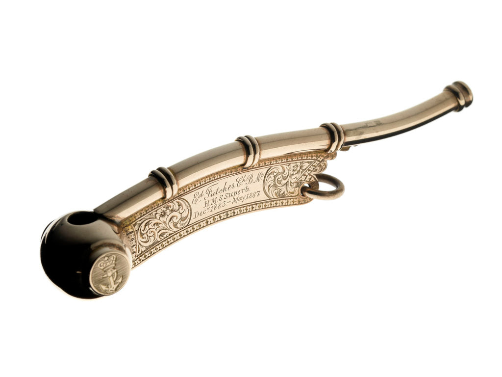 Detail of Gilt metal presentation boatswain's call of Edward Futcher, Chief Boatswain's Mate of HMS 'Superb' by unknown