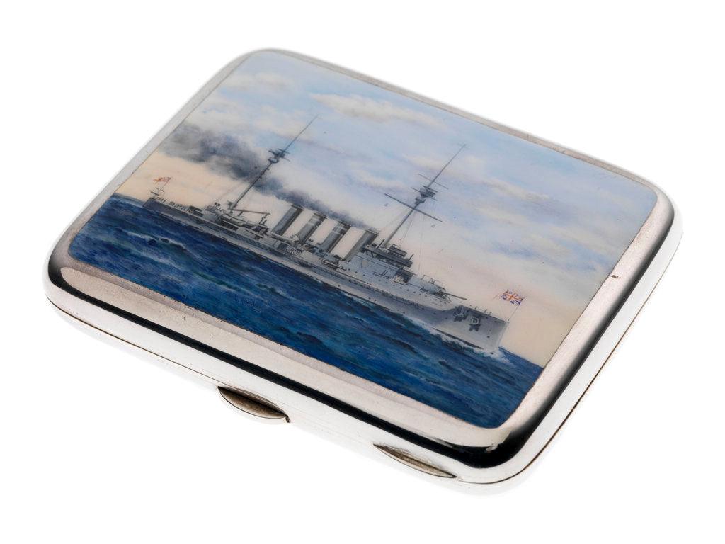 Detail of Cigarette case commemorating HMS 'Warrior' (launched 1905) by George Unite & Sons