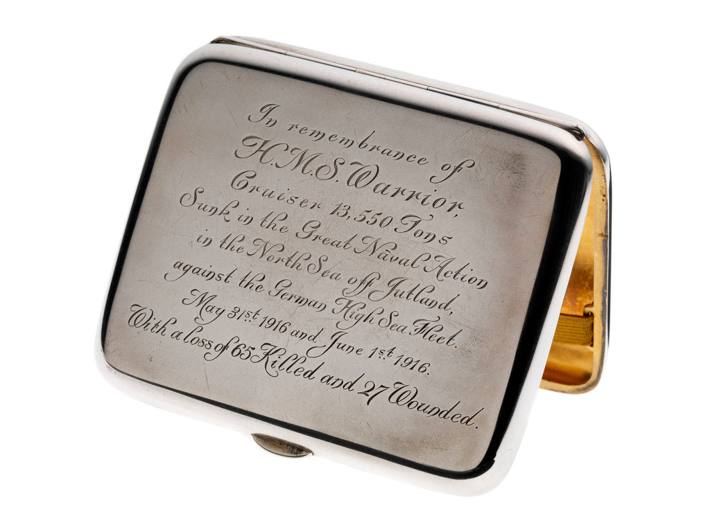 Detail of Cigarette case commemorating HMS 'Warrior' (launched 1905) by George Unite & Sons