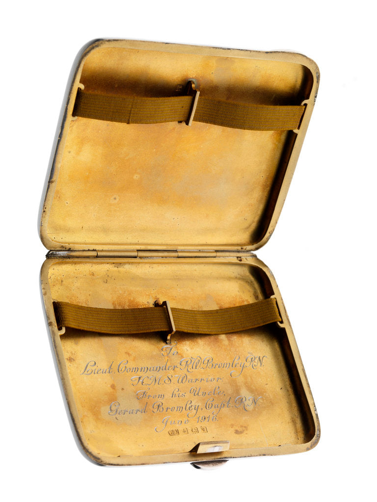 Detail of Cigarette case commemorating HMS 'Warrior' (launched 1905) by George Unite & Sons