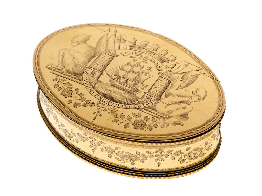 Detail of Gold freedom box presented by the City of Cork on 16 September 1782 to Admiral Lord George Brydges Rodney (1719 -92) by William Reynolds