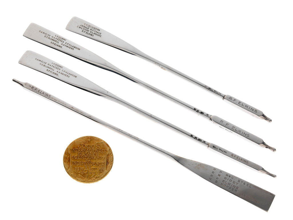 Detail of One of four miniature silver oars and a gold medal won in regattas by Vice-Admiral Sir Robert Francis Elkins (b. 1903) by Meli