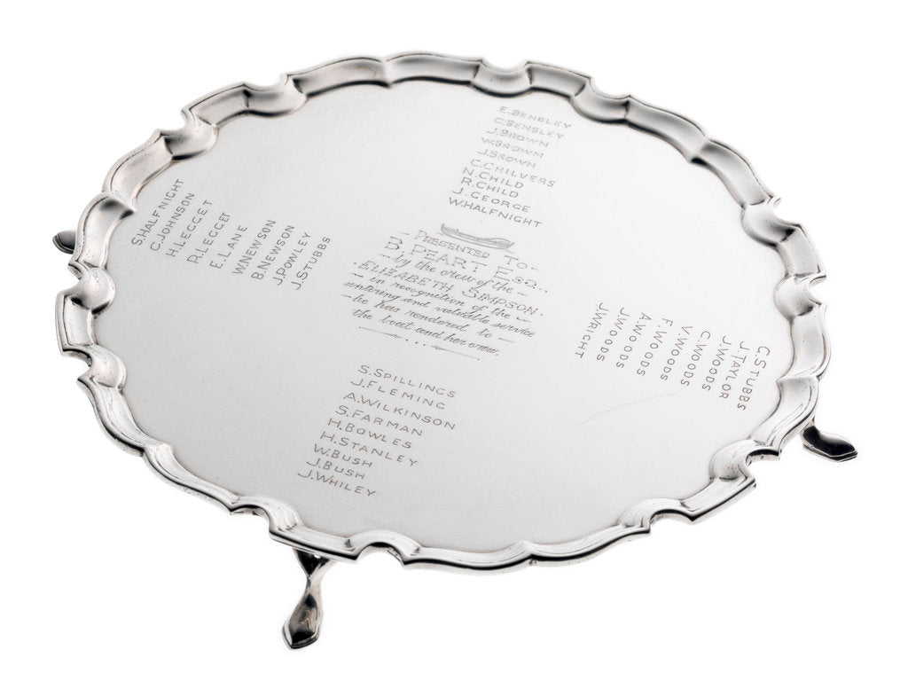Detail of Presentation salver to B Peart of the lifeboat 'Elizabeth Simpson' by Edward Barnard & Sons Ltd.