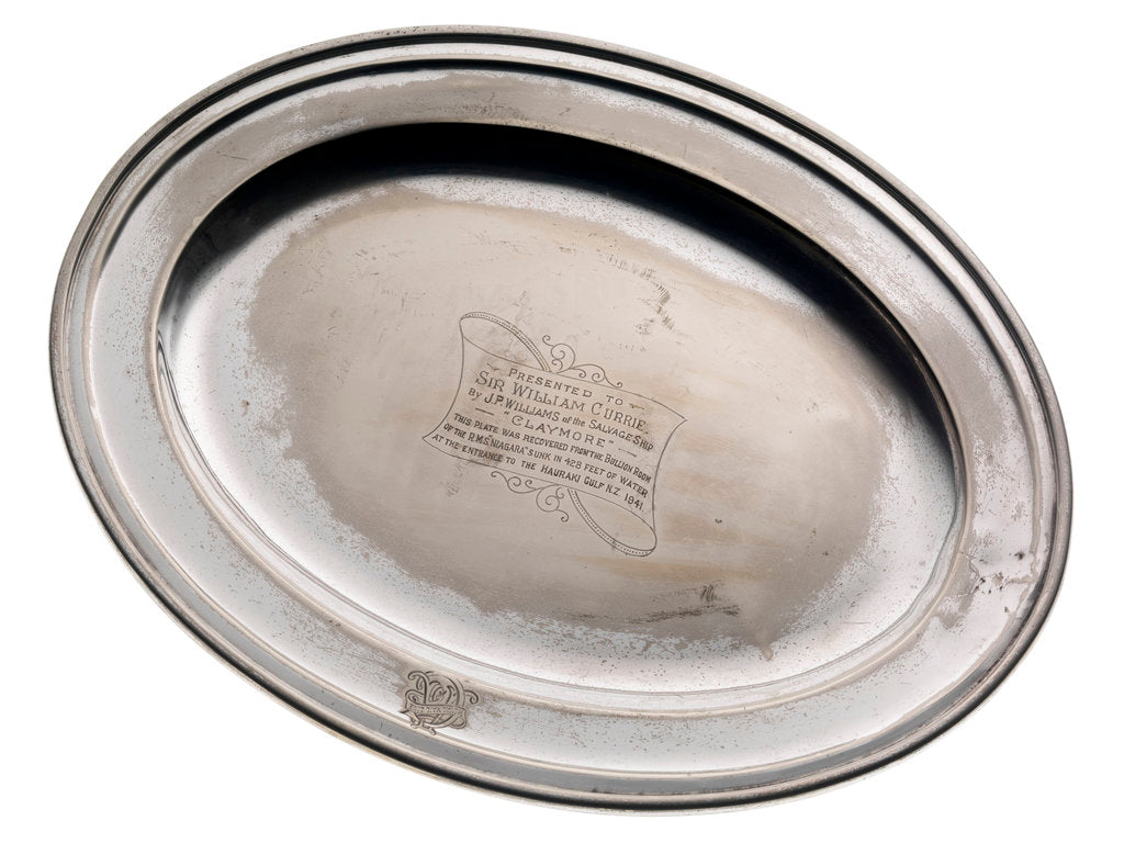 Detail of Electroplated dish from the wreck of RMS 'Niagara', salvaged in 1941 by Walker & Hall