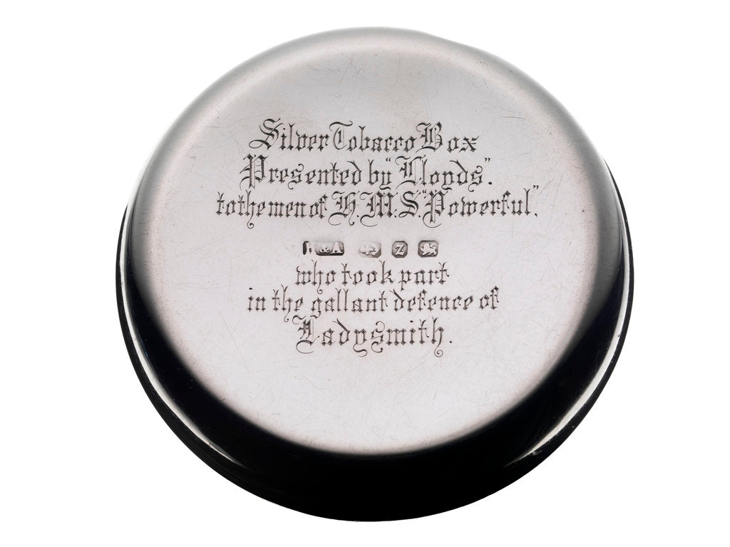 Detail of Lloyd's tobacco box presented to the men of HMS 'Powerful', 1900 by H & A