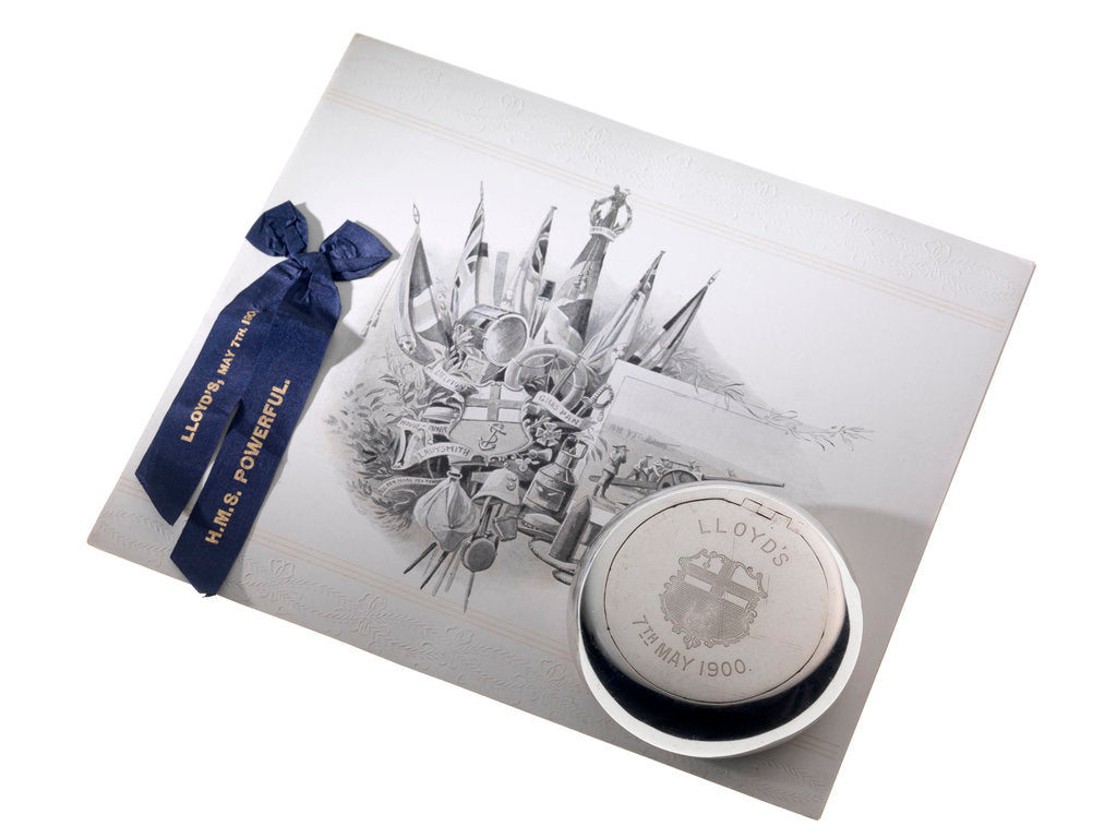 Detail of Lloyd's tobacco box presented to the men of HMS 'Powerful', 1900 by H & A