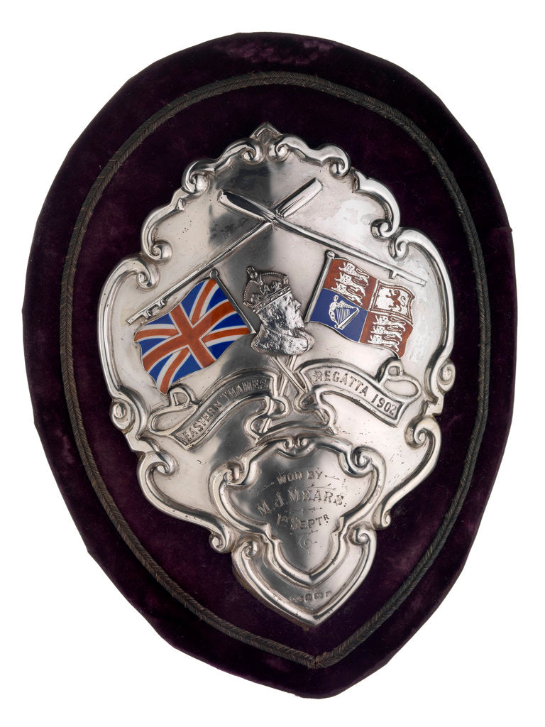 Detail of Arm badge (brassard) won at the Eastern Thames Regatta 1902, attached to sleeve of prize coat by D.G.C.