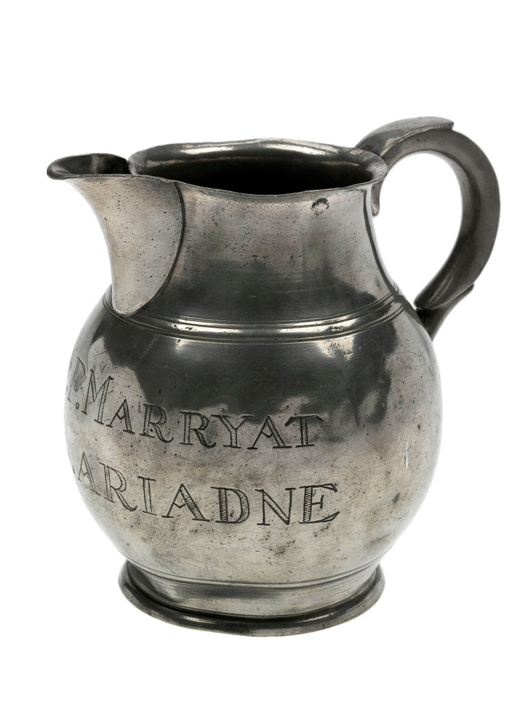 Detail of Pewter ale jug said to have been owned by Frederick Marryat (1792-1848), naval officer and novelist, but with bogus inscriptions and marks by unknown