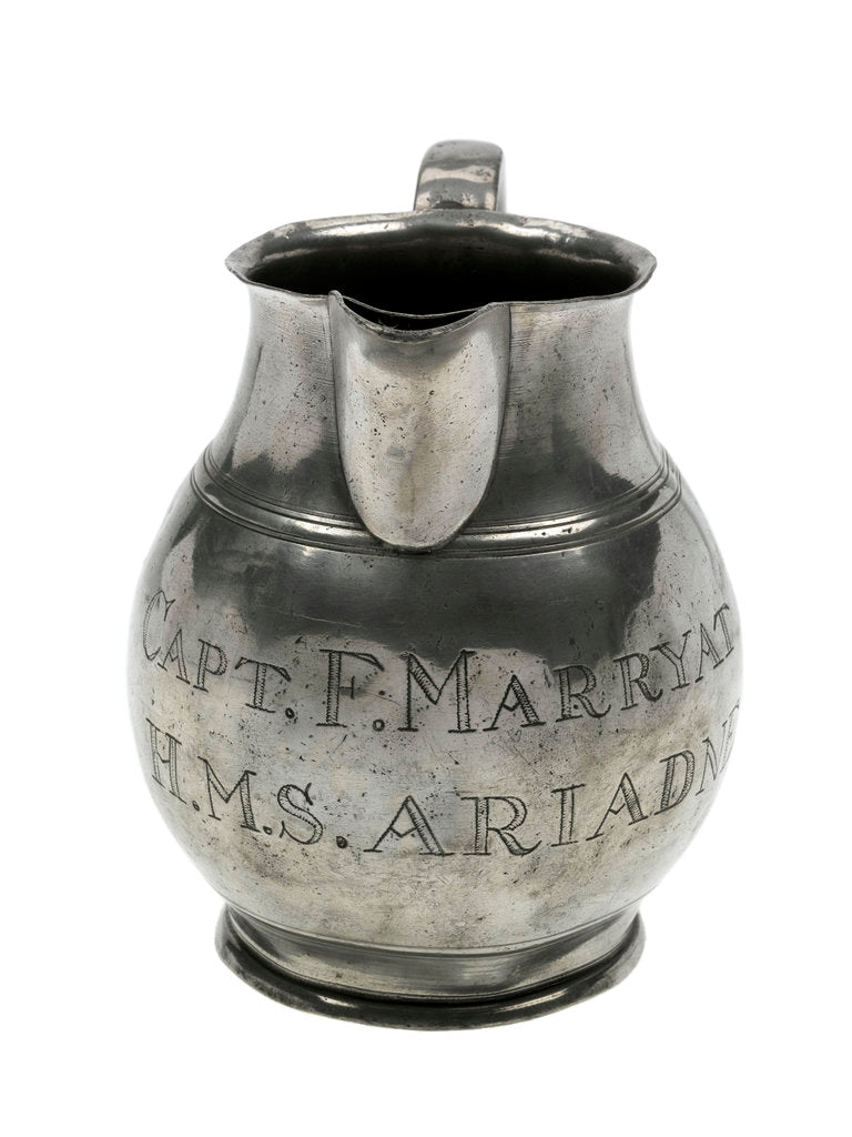 Detail of Pewter ale jug said to have been owned by Frederick Marryat (1792-1848), naval officer and novelist, but with bogus inscriptions and marks by unknown