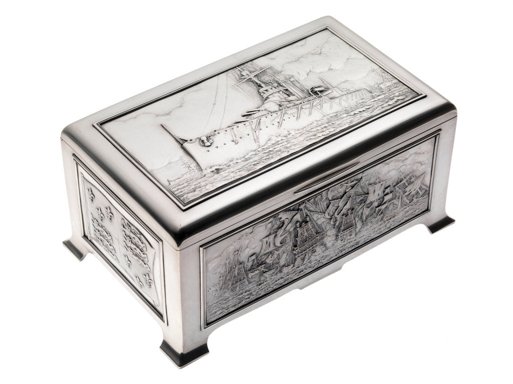 Detail of Silver cigarette box, commemorating the Battleship HMS 'King George V' (1911), given to King George V (1865-1936) by his mother Queen Alexandra (1844-1925) by Peter Carl Faberge
