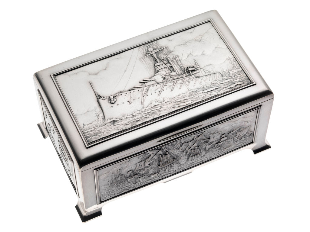 Detail of Silver cigarette box, commemorating the Battleship HMS 'King George V' (1911), given to King George V (1865-1936) by his mother Queen Alexandra (1844-1925) by Peter Carl Faberge