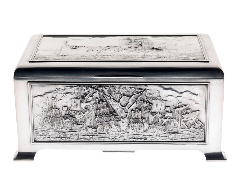 Detail of Silver cigarette box, commemorating the Battleship HMS 'King George V' (1911), given to King George V (1865-1936) by his mother Queen Alexandra (1844-1925) by Peter Carl Faberge