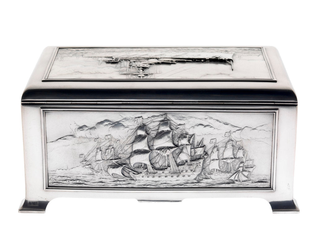 Detail of Silver cigarette box, commemorating the Battleship HMS 'King George V' (1911), given to King George V (1865-1936) by his mother Queen Alexandra (1844-1925) by Peter Carl Faberge