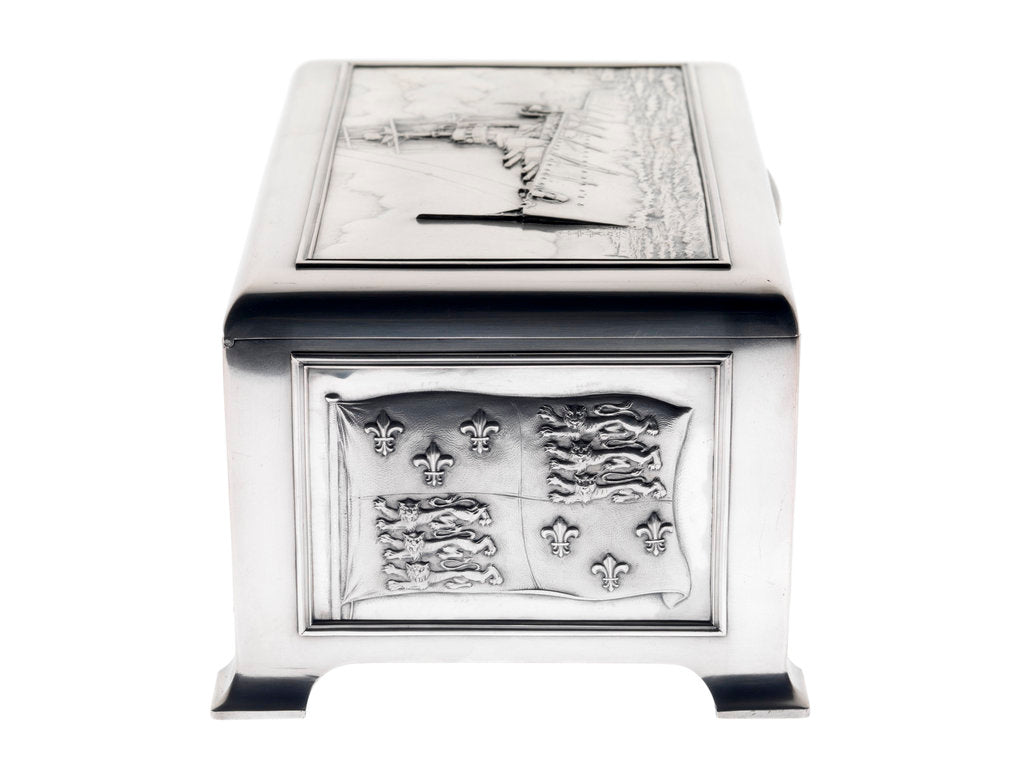 Detail of Silver cigarette box, commemorating the Battleship HMS 'King George V' (1911), given to King George V (1865-1936) by his mother Queen Alexandra (1844-1925) by Peter Carl Faberge