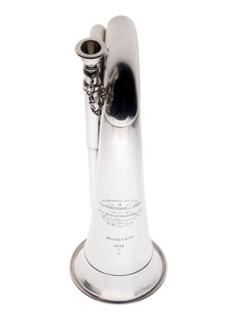 Detail of Bugle presented to boy bugler William Walker, who served in HMS 'Calliope' at the Battle of Jutland by Boosey & Co.