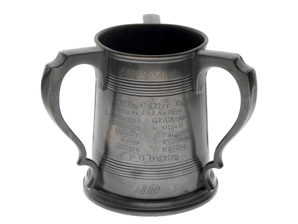Detail of Pewter tankard won at the RNAV cutter race, 1890 by James Dixon & Sons