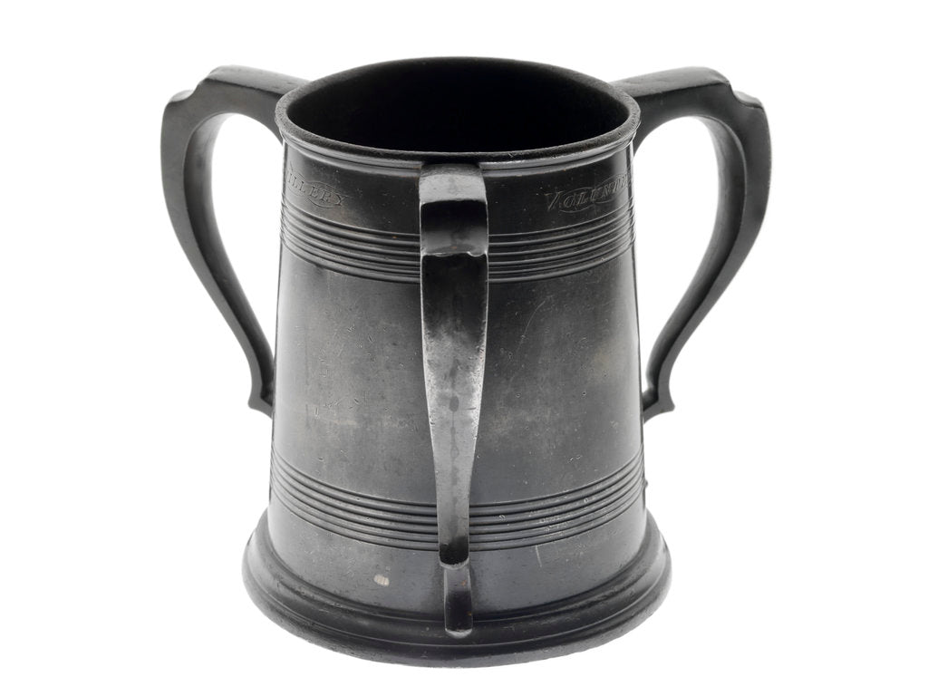 Detail of Pewter tankard won at the RNAV cutter race, 1890 by James Dixon & Sons