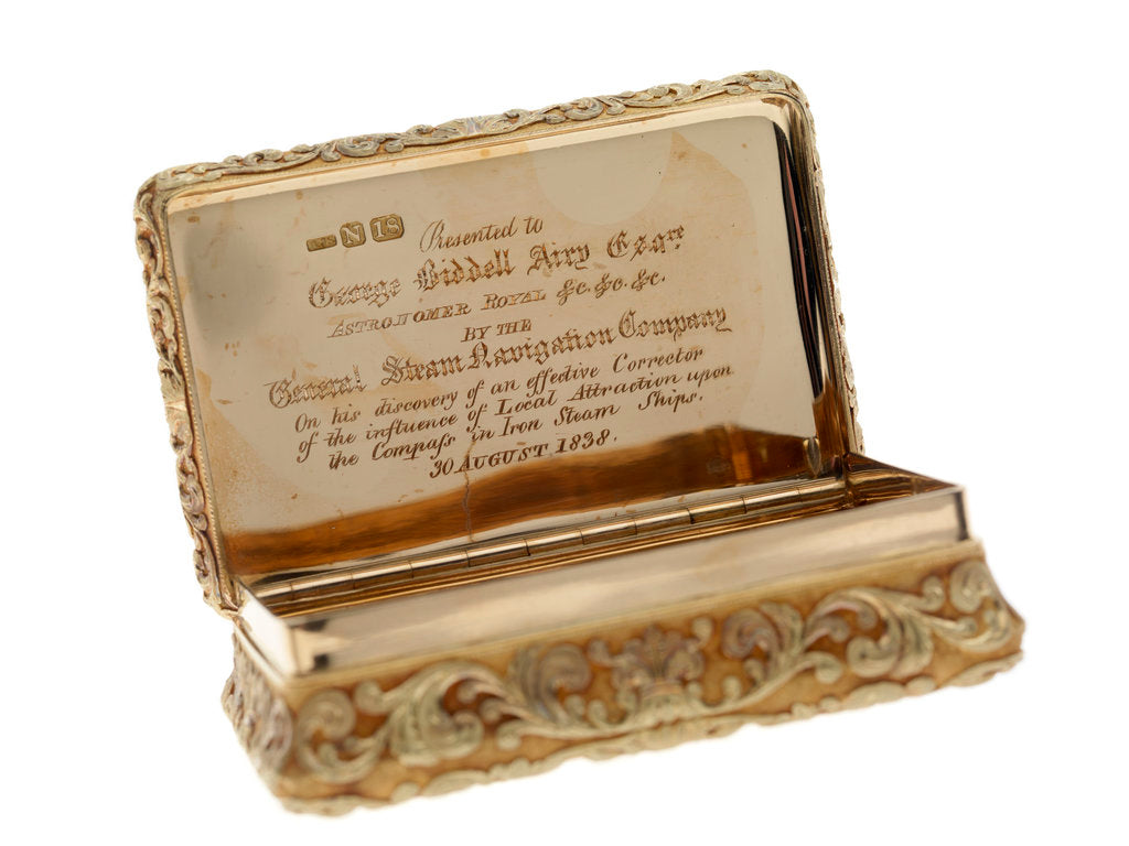 Detail of Gold snuff box presented to Sir George Biddell Airy (1801-1892) by the General Steam Navigation Company in 1838 by Alexander James Strachan