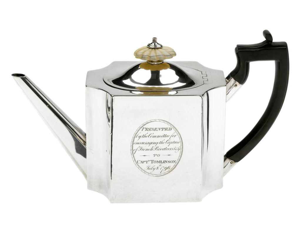 Detail of Silver teapot presented to Captain Nicholas Tomlinson (d.1847) for the capture of privateers in 1796 by Robert Salmon