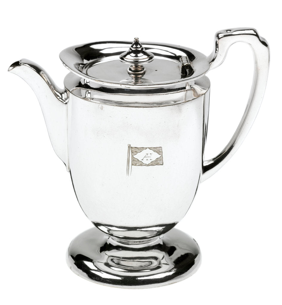 Detail of Electroplated coffee pot used on board Blue Funnel line ships by Elkington & Co. Ltd.
