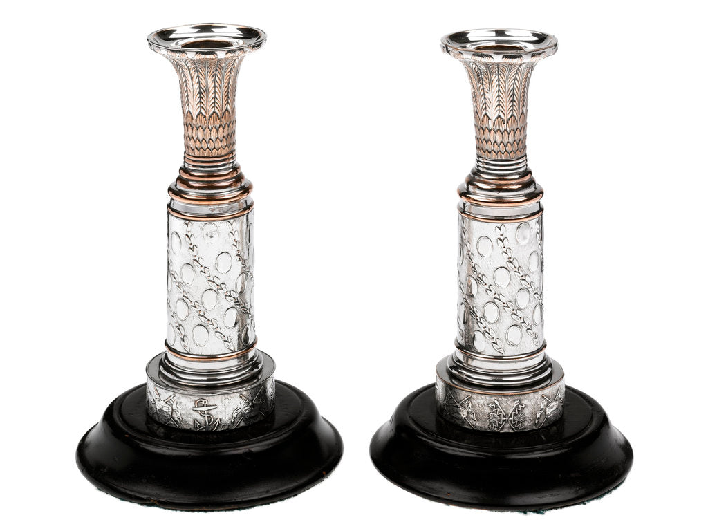 Detail of One of a pair of matching Sheffield plate candlesticks commemorating the victories of Admirals Richard Howe, John Jervis, Adam Duncan and Horatio Nelson by unknown