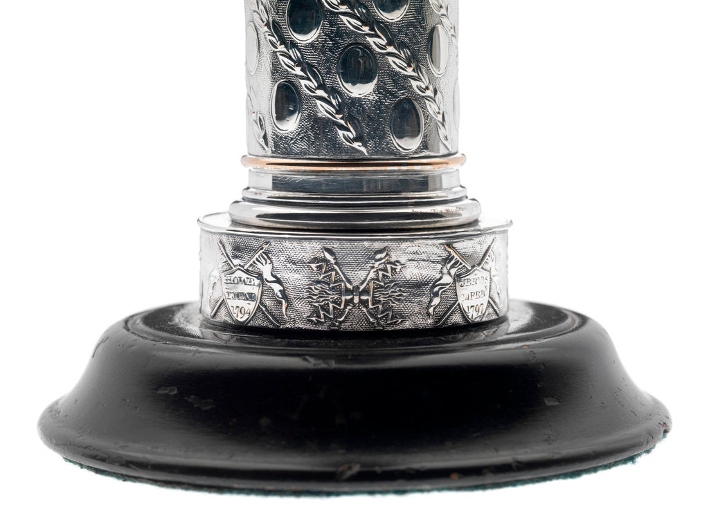 Detail of One of a pair of matching Sheffield plate candlesticks commemorating the victories of Admirals Richard Howe, John Jervis, Adam Duncan and Horatio Nelson by unknown