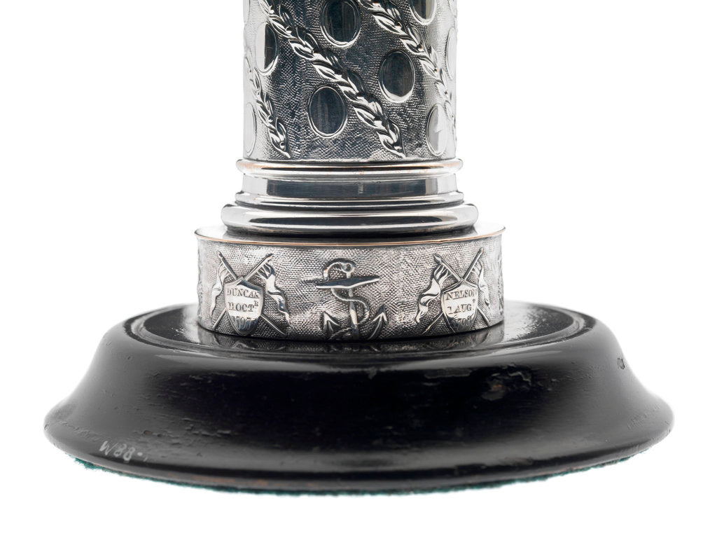 Detail of One of a pair of matching Sheffield plate candlesticks commemorating the victories of Admirals Richard Howe, John Jervis, Adam Duncan and Horatio Nelson by unknown
