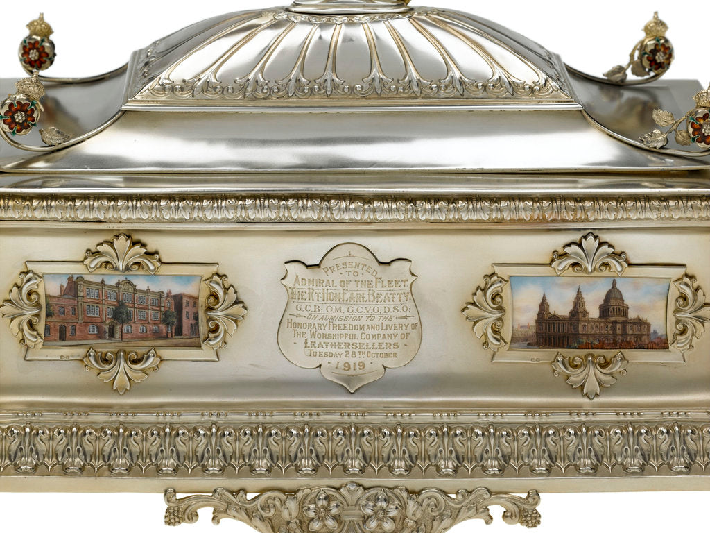 Detail of Freedom casket presented to Admiral of the Fleet Sir David Beatty, 1st Earl Beatty (1871-1936) by the Worshipful Company of Leathersellers 28 October 1919 by Mappin & Webb