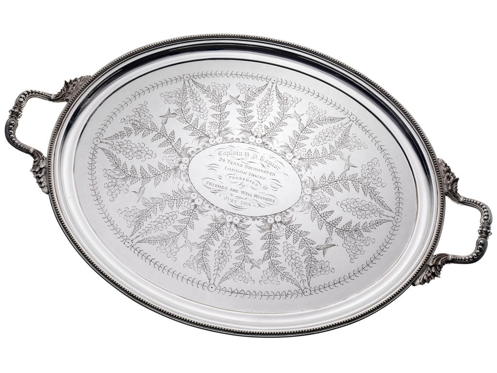 Detail of Tray presented to Captain G.D. Taylor (born 1835), on his retirement as Dockmaster, London Docks by G. & S.