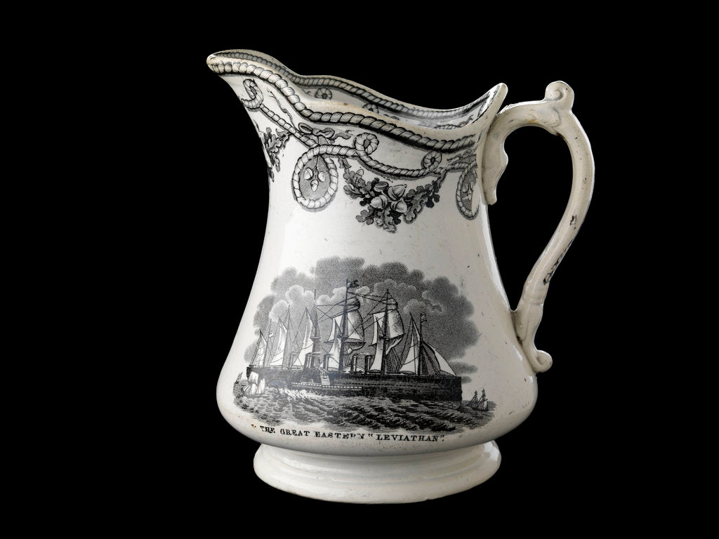 Detail of Jug transfer-printed in black on one side with a view of HMS 'Agamemnon' at anchor and the other with the 'Great Eastern' under sail and steam by unknown