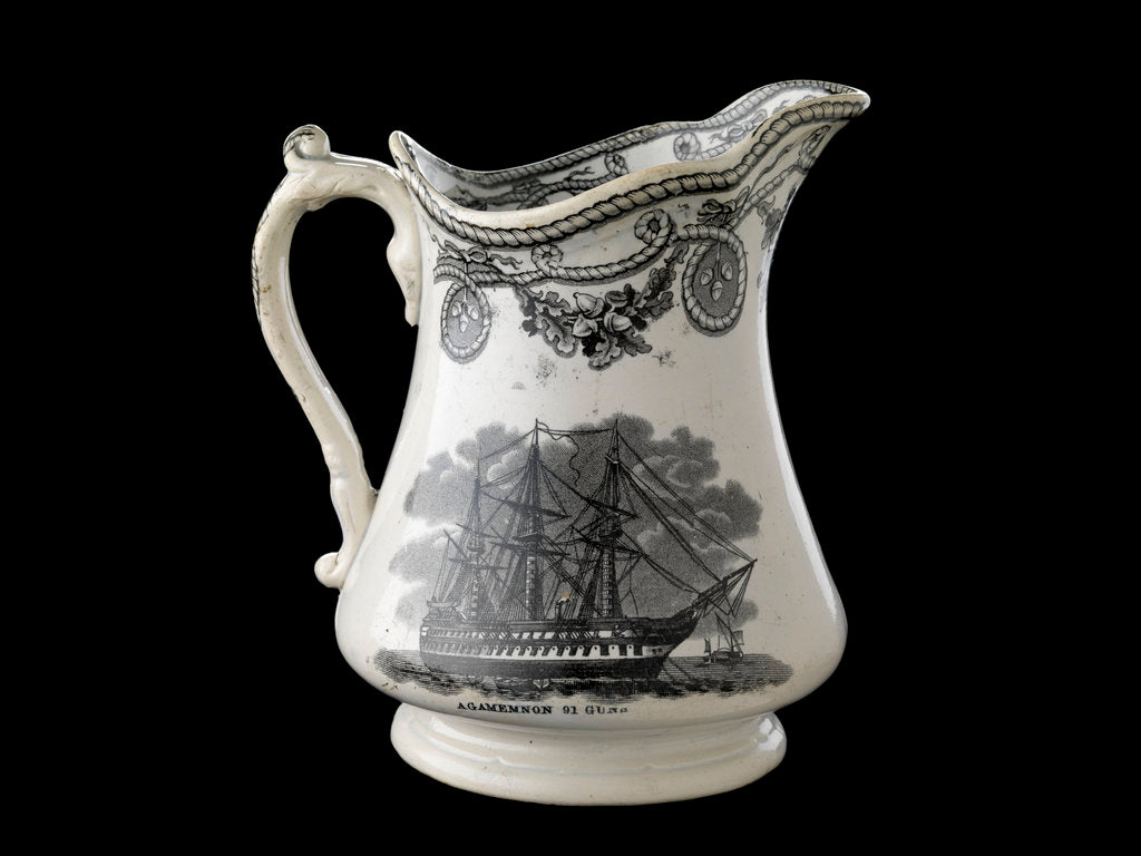 Detail of Jug transfer-printed in black on one side with a view of HMS 'Agamemnon' at anchor and the other with the 'Great Eastern' under sail and steam by unknown