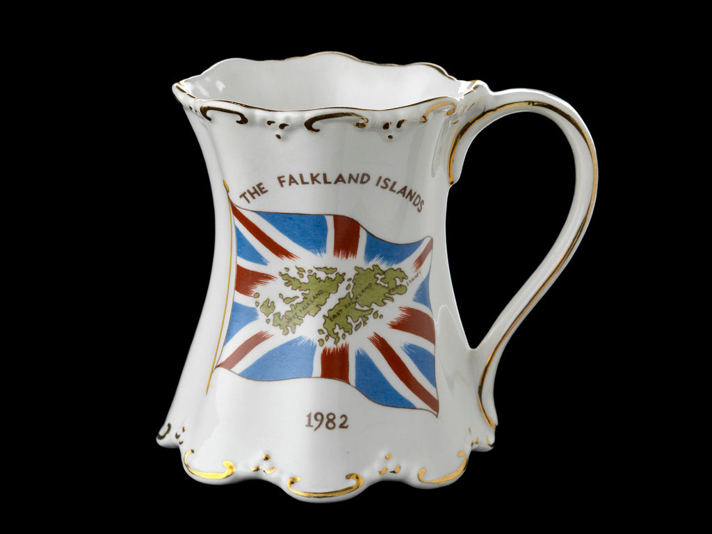 Detail of Shaped mug with gilt scrolling rims commemorating the Falklands War, 1982 by St George Fine Bone China