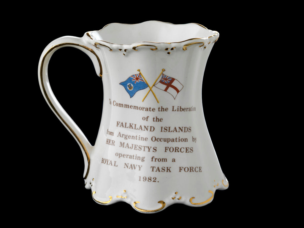 Detail of Shaped mug with gilt scrolling rims commemorating the Falklands War, 1982 by St George Fine Bone China