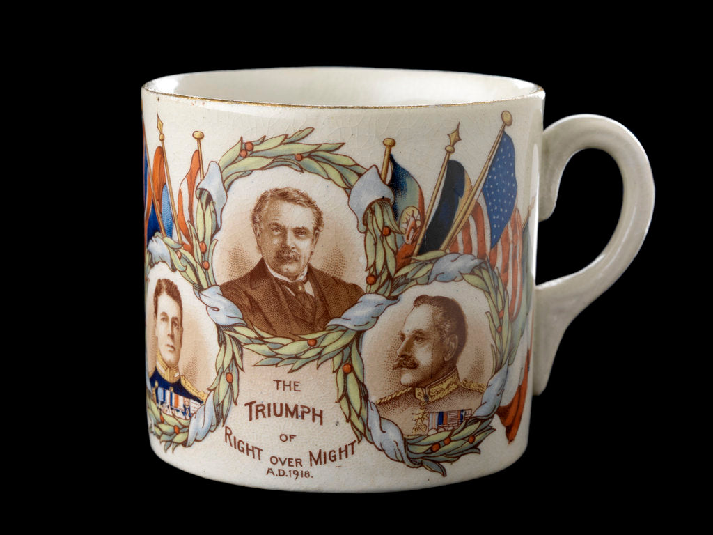 Detail of White mug commemorating World War I victory by Grimwades Ltd.