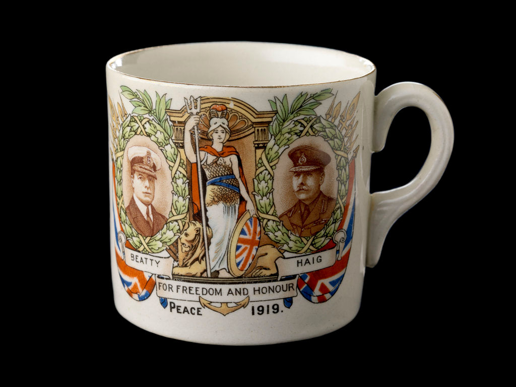 Detail of White mug printed in colour in commemoration of the Peace ending World War I by unknown