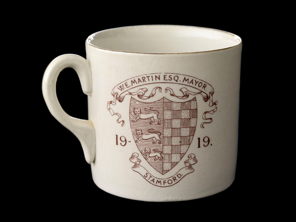Detail of White mug printed in colour in commemoration of the Peace ending World War I by unknown