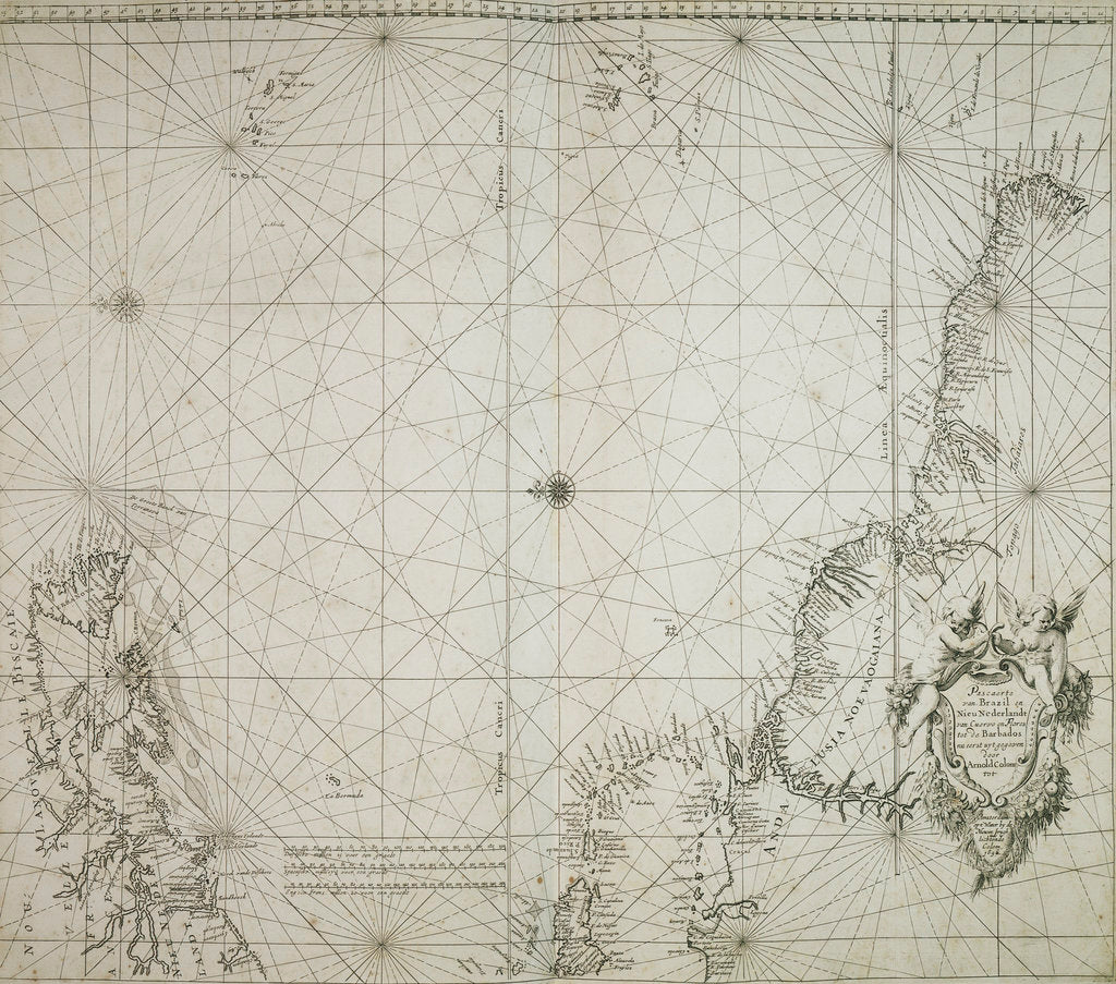 Detail of A chart of Brazil bound in Jacob Colom's 'Atlas of werelts-water-deel en des selfs zee-custen' by Arnold Colom