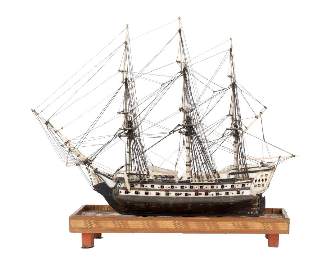 Detail of French prisoner of war model of a 74-gun two-decker by unknown