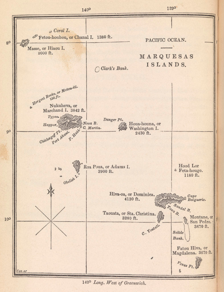 Detail of Map of Marquesas Islands from Herman Melville's 'A narrative of a four month's residence among the natives of a valley of the Marquesas Islands' (1846) by unknown