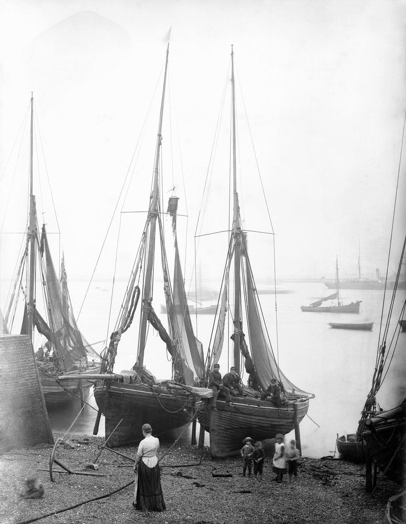 Detail of View across River Thames with fishing bawleys drawn up onto the foreshore. Gravesend, Kent by unknown