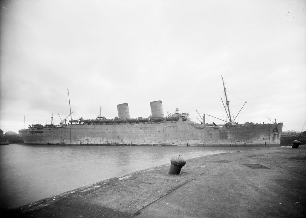 Detail of Turbine passenger liner 'Mauretania' (Br, 1939) at quayside, probably at Liverpool with Radar lantern fitted by Anonymous
