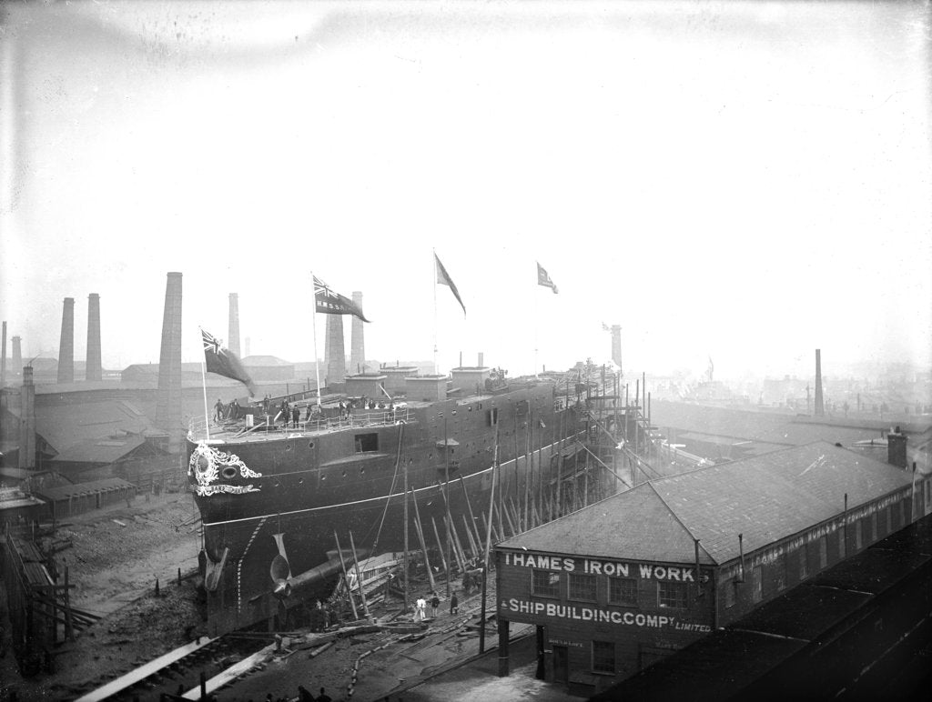 Detail of HMS 'Sans Pareil' on the morning of her launch, Thames Iron Works by unknown