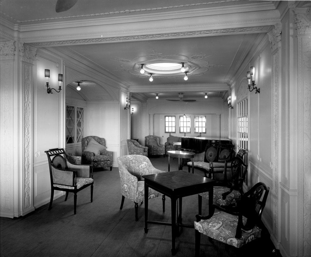 Detail of First Class Writing Room and Library on the 'Orama' (1911) by Bedford Lemere & Co.