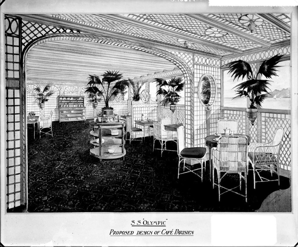 Detail of Proposed design of the First Class 'Cafe Parisien' on the 'Olympic' (1911) by Bedford Lemere & Co.