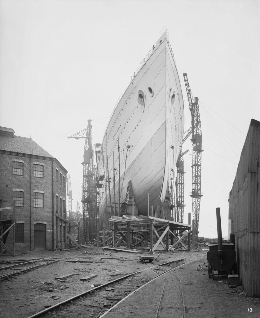 Detail of Bow view of the 'Aquitania' (1914) before launch by Bedford Lemere & Co.