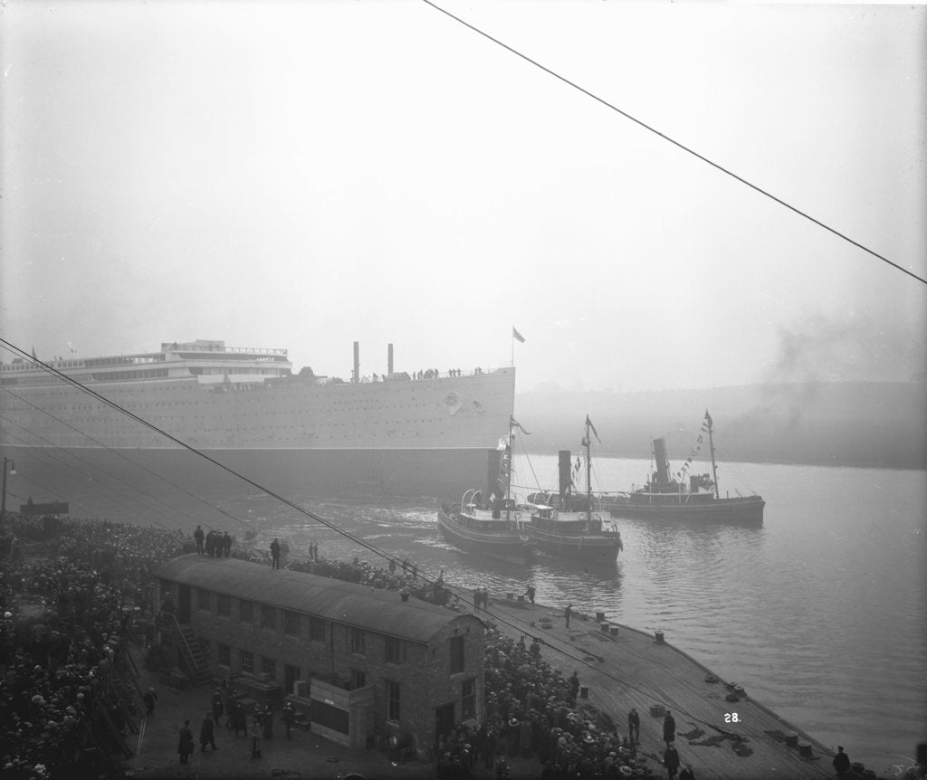 Detail of Aquitania' (1914) taken in charge by tugs after launching by Bedford Lemere & Co.