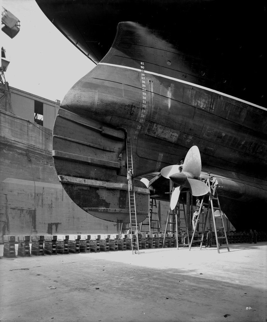 Detail of Rudder and inner propellers of the 'Aquitania' (1914) by Bedford Lemere & Co.