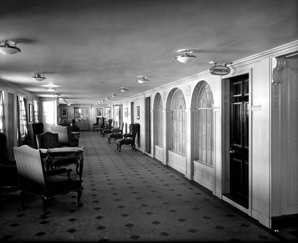 Detail of Long Gallery on the 'Aquitania' (1914) by Bedford Lemere & Co.